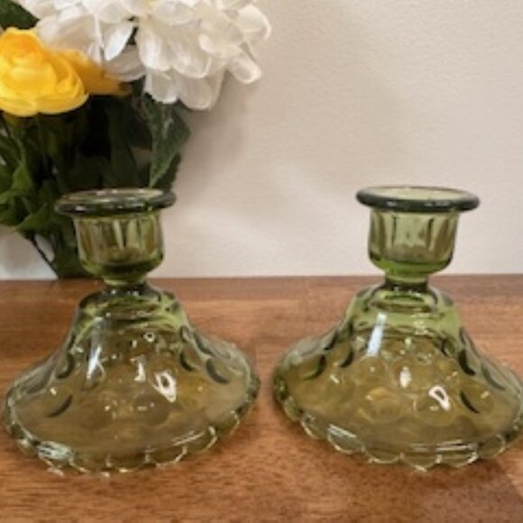 Vintage Green Glass Candle Holders Moon & Stars Pattern Indiana Style Pair Thumb - Picture 1 of 5